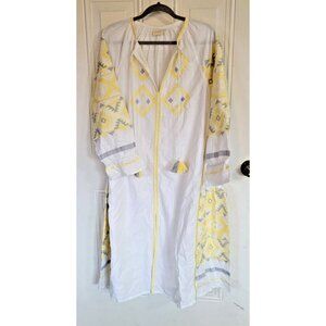 Julia Amory Womens Embroidered Midi Tunic Dress Long Sleeves Boho Yellow Large